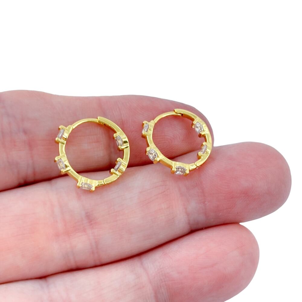 Vintage Gold-Tone Sterling Silver 925 Cubic Zirconia Huggie Hoop Earrings